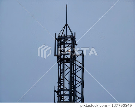 Quiet Industrial Tower Silhouette, Lonesome Steel Structure Against Peaceful Horizon With Muted Colors 137790549