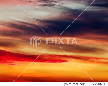 Bright Crimson Clouds Over Radiant Horizon Scenes, Dramatic Sky Painted With Orange And Purple Streaks 137790691