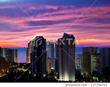 Bright Pink Dusk Over City, Radiant Pink Sunset Illuminating Skyline And Peaceful Sea Scene At Dusk Bright Pink Dusk Over City, Radiant Pink Sunset Illuminating Skyline And Peaceful Sea Scene At Dusk 137790701