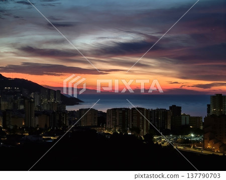 Serene Evening View, Gentle Nightfall By Sea With Distant Mountains And Shimmering Water Reflections Serene Evening View, Gentle Nightfall By Sea With Distant Mountains And Shimmering Water Reflections 137790703
