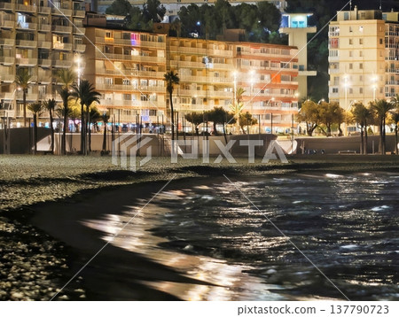Easy Access Lit Beach Walk, Peaceful Seaside Stroll Under City Lights During Evening Hours 137790723