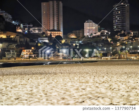 Calm Sandy Foreground Leading To Distant City Glow Under Peaceful Horizon And Quiet Coastal Scenery Calm Sandy Foreground Leading To Distant City Glow Under Peaceful Horizon And Quiet Coastal Scenery 137790734