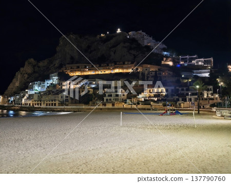Tranquil Beach Scene Overlooking Hillside Settlement Under Starry Night Sky And Gentle Waves 137790760