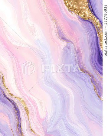 Mesmerizing flow of pink, lilac, and purple hues blend together gracefully, enhanced by shimmering golden highlights that evoke a sense of calm and creativity Generative AI 137790932