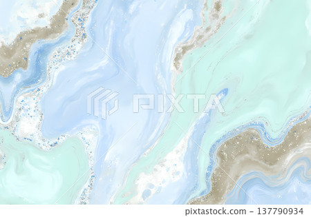 Swirling patterns of mint blue and beige create a serene atmosphere, highlighted by shimmering golden accents. This artwork captures the beauty of flowing colors and textures Generative AI 137790934