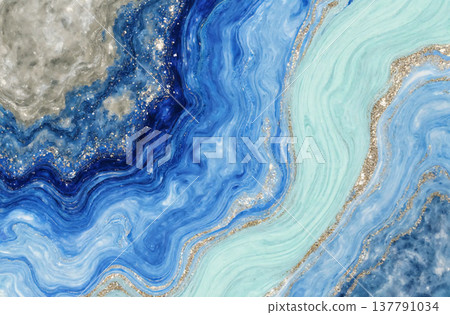 Vivid swirls of blue and beige blend together, enhanced by shimmering golden accents. The artwork captures the beauty of alcohol ink techniques in a tranquil scene Generative AI 137791034