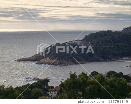 Peaceful Seaside Retreat Ambiance, Tranquil Vantage Point Bathed In Gentle Sunset Illumination Peaceful Seaside Retreat Ambiance, Tranquil Vantage Point Bathed In Gentle Sunset Illumination 137791149
