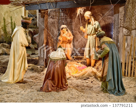 Christmas Scene Depiction, Traditional Nativity Scene Illustrating Peaceful Christmas Celebration Christmas Scene Depiction, Traditional Nativity Scene Illustrating Peaceful Christmas Celebration 137791211
