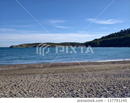 Quiet Shoreline With Distant Cliffs, Tranquil Coastal Landscape Featuring Broad Sands And Distant Headlands 137791240