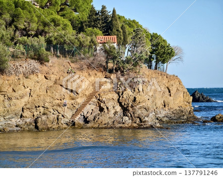 Stone Steps To Sea On Promontory, Pine Trees And Small White House, Azure Water, Rocky Shoreline Stone Steps To Sea On Promontory, Pine Trees And Small White House, Azure Water, Rocky Shoreline 137791246