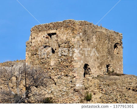 Ancient Decaying Structure, Photograph Capturing Textured Surface Of Crumbling Stone Edifice With Shadows 137791301