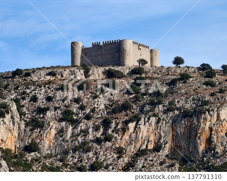 Secluded Cylindrical Observation Tower Set Against Clear Blue Sky And Rough Terrain Features 137791310