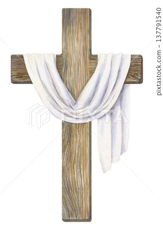 Christian wooden cross with white draped cloth. Watercolor symbol of faith and resurrection isolated on white background for Easter cards, church materials, religious prints, invitations, posters 137791540