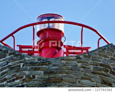 Colorful Nautical Detail, Closeup View Of Vividly Colored Lantern Mounted On Textured Masonry Wall Colorful Nautical Detail, Closeup View Of Vividly Colored Lantern Mounted On Textured Masonry Wall 137791562