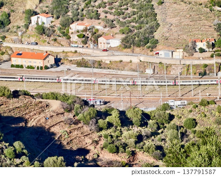Train Crosses Landscape, Traveling Passenger Train Crosses Picturesque Stone Viaduct With Scenic Views 137791587