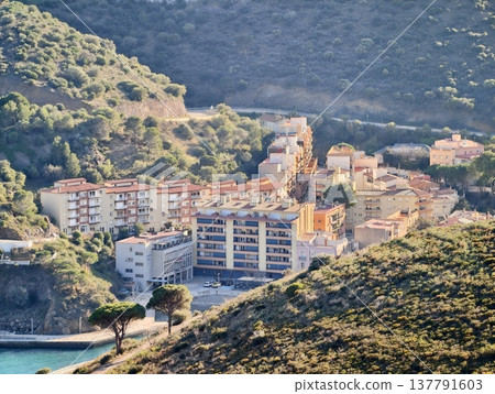 Contemporary Seaside Constructions Overlooking Quiet Bay With Terraces And Lively Harbor Scene Contemporary Seaside Constructions Overlooking Quiet Bay With Terraces And Lively Harbor Scene 137791603