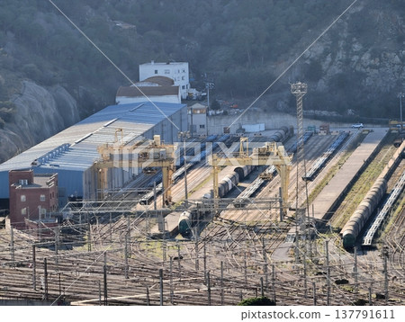 Railway Cargo Area, An Active Industrial Railway Scene Showcasing Cargo Trains And Complex Wiring Network Railway Cargo Area, An Active Industrial Railway Scene Showcasing Cargo Trains And Complex Wiring Network 137791611