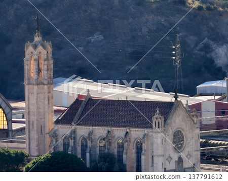 Historic Stone Church With Bell Tower Scene, Old Gothic Church Overlooking Railway And Mountains Historic Stone Church With Bell Tower Scene, Old Gothic Church Overlooking Railway And Mountains 137791612