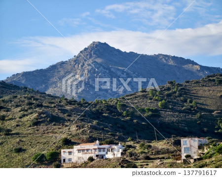 Serene Mountain Hamlet Set Upon Arid Terrain With Scattered Buildings And Distant Rocky Crest Serene Mountain Hamlet Set Upon Arid Terrain With Scattered Buildings And Distant Rocky Crest 137791617