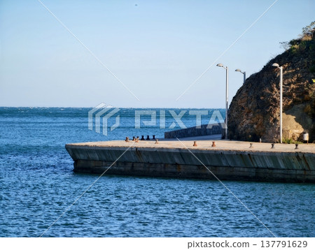 Beachside Promenade With People, Serene Seaside Pathway With Silhouettes And Tranquil Horizon View Beachside Promenade With People, Serene Seaside Pathway With Silhouettes And Tranquil Horizon View 137791629