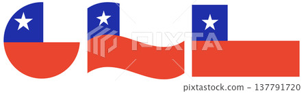 Chile flags collection: round flag of Chile isolated in circle shape, waving flag of Chile isolated, rectangular flag. 137791720