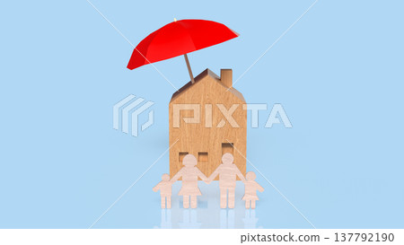 Home And Family Protection Concept With Red Umbrella 3d render. Home And Family Protection Concept With Red Umbrella 3d render. 137792190