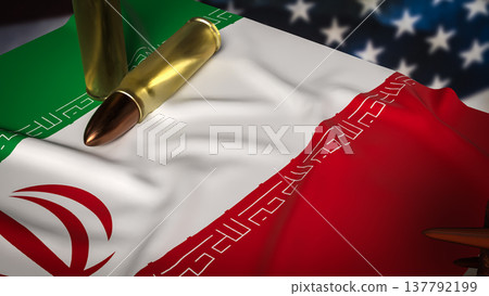 Iran Flag With Bullets and Barbed Wire Against Blurred United States Flag Political Conflict Concept 3d render. 137792199