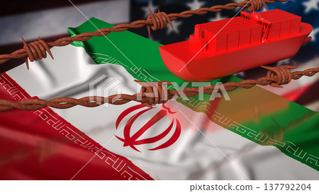 Global Trade Conflict Cargo Ship Behind Barbed Wire 3d render. Global Trade Conflict Cargo Ship Behind Barbed Wire 3d render. 137792204