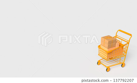 Yellow Shopping Cart Filled With Packages Online Shopping Delivery Concept 3d render. 137792207