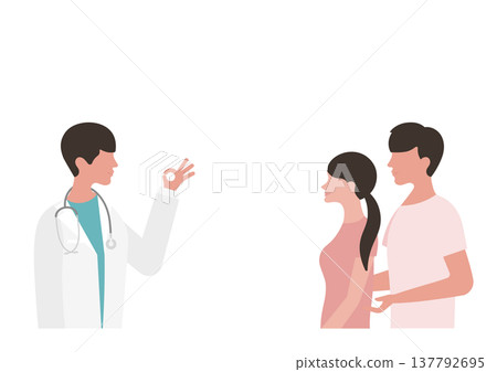 Vector illustration of a doctor making an OK sign and a young couple during a medical examination. Vector illustration of a doctor making an OK sign and a young couple during a medical examination. 137792695