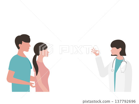 向量圖描繪了一位女醫生做出「OK」手勢，以及一對年輕夫婦在接受體檢的情景。 137792696