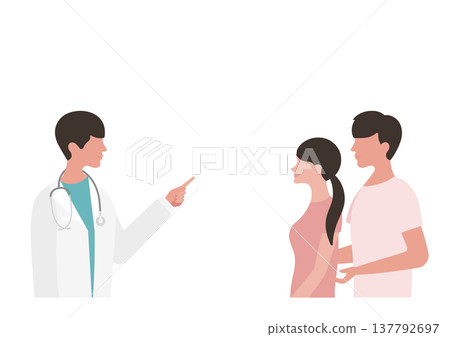 Vector illustration of a doctor pointing and explaining during a medical examination with a young couple. Vector illustration of a doctor pointing and explaining during a medical examination with a young couple. 137792697