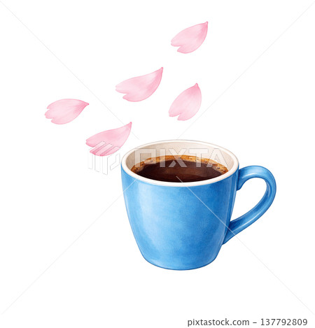 咖啡杯與櫻花花瓣：一幅描繪春日咖啡館的水彩插畫。 137792809