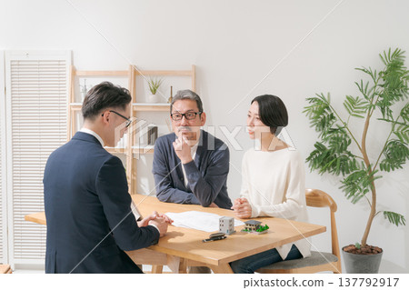 Middle couple discussing with sales people Middle couple discussing with sales people 137792917