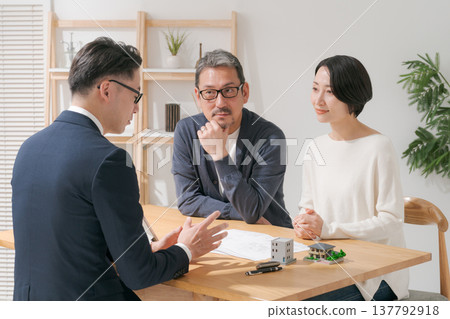 Middle couple discussing with sales people Middle couple discussing with sales people 137792918