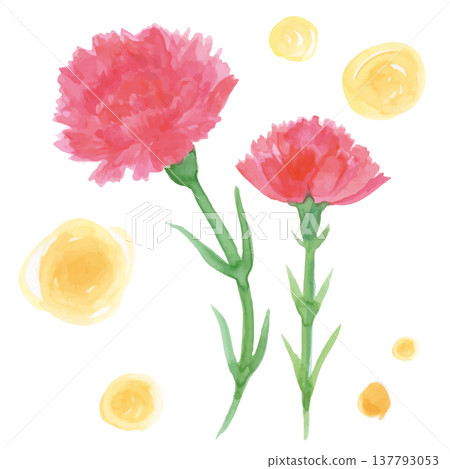 A round yellow ornament and two hand-painted red carnations in watercolor. A round yellow ornament and two hand-painted red carnations in watercolor. 137793053