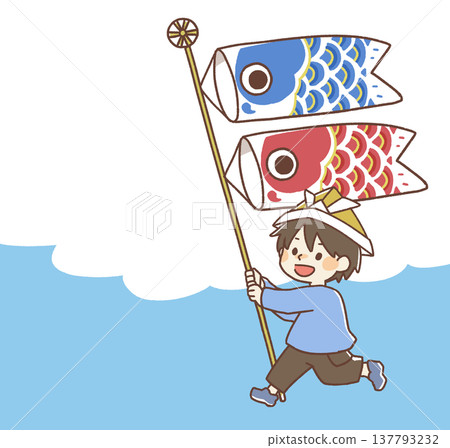 一幅男孩全身像,他戴著武士頭盔,手持鯉魚旗。 一幅男孩全身像,他戴著武士頭盔,手持鯉魚旗。 137793232