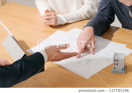 一對中年夫婦一邊看著藍圖一邊討論著什麼。 137793296