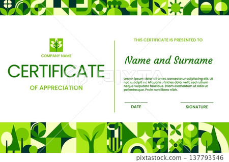 Environment certificate of appreciation, geometric Bauhaus pattern. Business official letter vector template with Bauhaus abstract pattern, nature saving award document. Ecology sustainability diploma 137793546