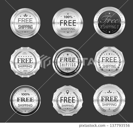 Free shipping silver badges and labels, award seals and medals with laurel wreaths. Vector delivery service award medals, shipment, freight and free shipping guarantee round shape seal badges set 137793556
