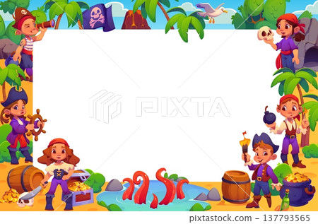 Cartoon kid pirates banner with children buccaneer and corsair characters on tropical island beach with treasure chest, gold coins, octopus tentacles, palm trees and sea. Vector photo frame template Cartoon kid pirates banner with children buccaneer and corsair characters on tropical island beach with treasure chest, gold coins, octopus tentacles, palm trees and sea. Vector photo frame template 137793565