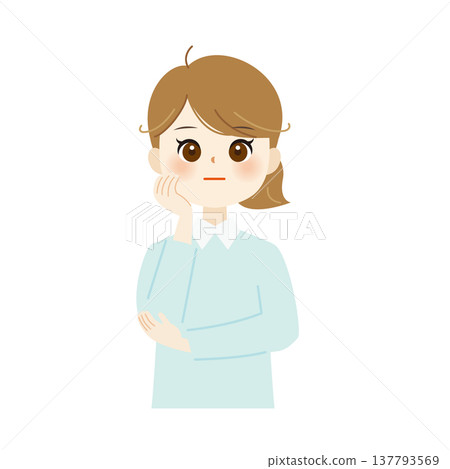 An illustration of a woman with an expressionless face resting her chin on her hand; signifies contemplation and neutrality. An illustration of a woman with an expressionless face resting her chin on her hand; signifies contemplation and neutrality. 137793569