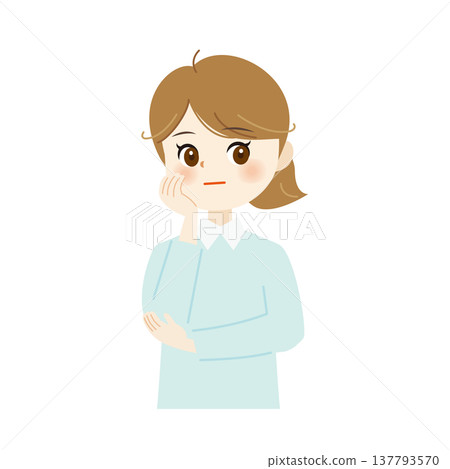 An illustration of a woman with an expressionless face resting her chin on her hand; signifies contemplation and neutrality. An illustration of a woman with an expressionless face resting her chin on her hand; signifies contemplation and neutrality. 137793570
