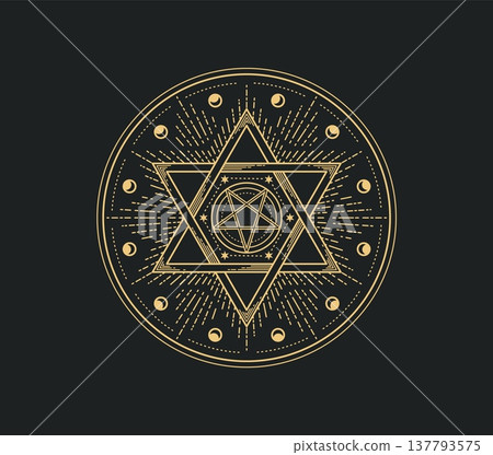 Mystical, magic and astrology occult symbol with glowing golden Star of David in sacred circle, radiating light and surrounded by crescent moons. Esoteric vector symbol for spiritual talisman Mystical, magic and astrology occult symbol with glowing golden Star of David in sacred circle, radiating light and surrounded by crescent moons. Esoteric vector symbol for spiritual talisman 137793575
