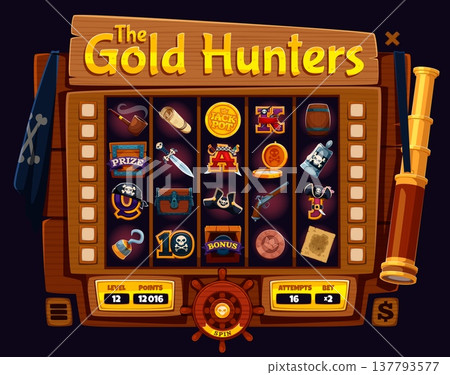 Online casino slot machine with pirate and corsair icons, vector gambling game board UI. Pirate slot machine game board of online casino with cartoon corsair treasure map, chest and jack pot gold coin Online casino slot machine with pirate and corsair icons, vector gambling game board UI. Pirate slot machine game board of online casino with cartoon corsair treasure map, chest and jack pot gold coin 137793577