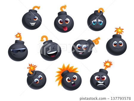 Cartoon funny bomb mascots and characters with emotions, emoji personages. Grenade funny vector personage, dynamite cheerful mascot. Bomb character with happy smiling, crying, laughing and angry face Cartoon funny bomb mascots and characters with emotions, emoji personages. Grenade funny vector personage, dynamite cheerful mascot. Bomb character with happy smiling, crying, laughing and angry face 137793578