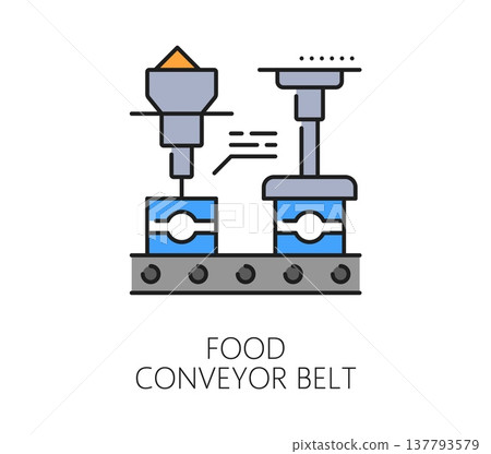 Automatic food production conveyor, manufacture icon or symbol. Robotic manufacture color line pictogram, conveyor mass production vector symbol. Automatic factory icon with conveyor belt machinery 137793579