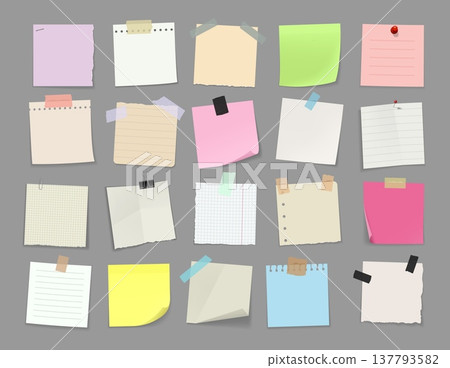 Memo note paper with adhesive tape, pins and clips. Vector note paper sheets, graph and lined notebook pages, notepad stickers with torn edges and sticky tape, scrapbooking and school stationery set Memo note paper with adhesive tape, pins and clips. Vector note paper sheets, graph and lined notebook pages, notepad stickers with torn edges and sticky tape, scrapbooking and school stationery set 137793582