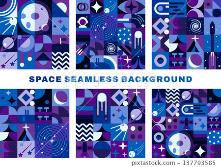 Galaxy space seamless patterns with modern geometric Bauhaus elements. Cosmos vector background with Bauhaus pattern. Space seamless print with purple and blue satellite, rocket spaceship and planets 137793585