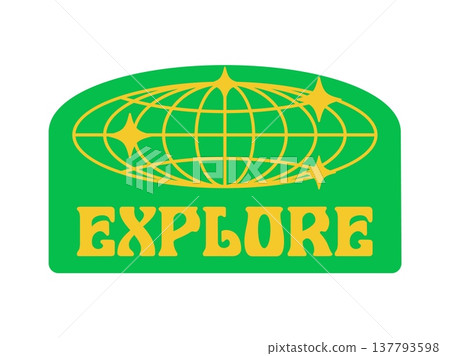 Explore planet globe Y2K funky sticker or symbol. Funky Y2K vector wireframe globe label, planet groovy globus tag. Earth mesh sphere sticker with yellow globe, stars and retro typography Explore planet globe Y2K funky sticker or symbol. Funky Y2K vector wireframe globe label, planet groovy globus tag. Earth mesh sphere sticker with yellow globe, stars and retro typography 137793598